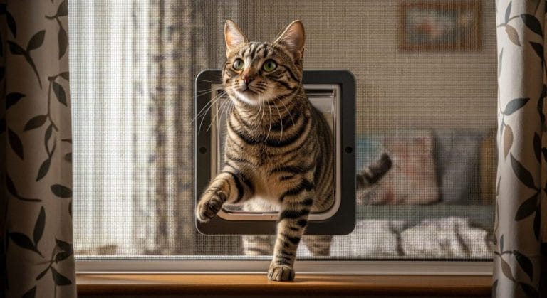 Tabby cat stepping through a cat flap installed in a window screen, one paw raised mid-stride, soft natural light, cozy home interior