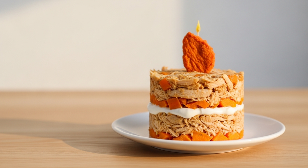 Two-layer chicken and sweet potato cat birthday cake with a freeze-dried chicken treat candle on top