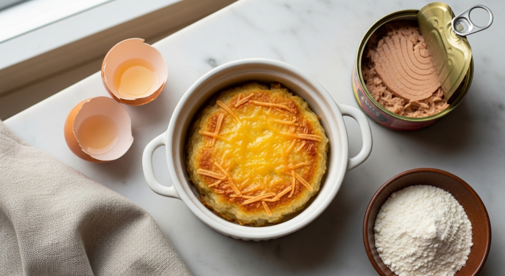 Homemade tuna and rice flour cat birthday cake in a white ramekin with cracked egg shell and open tuna can