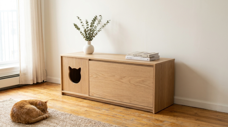 A freestanding hidden litter box cabinet styled as a console table in a clean apartment living room, with no wall mounts or drilling required.