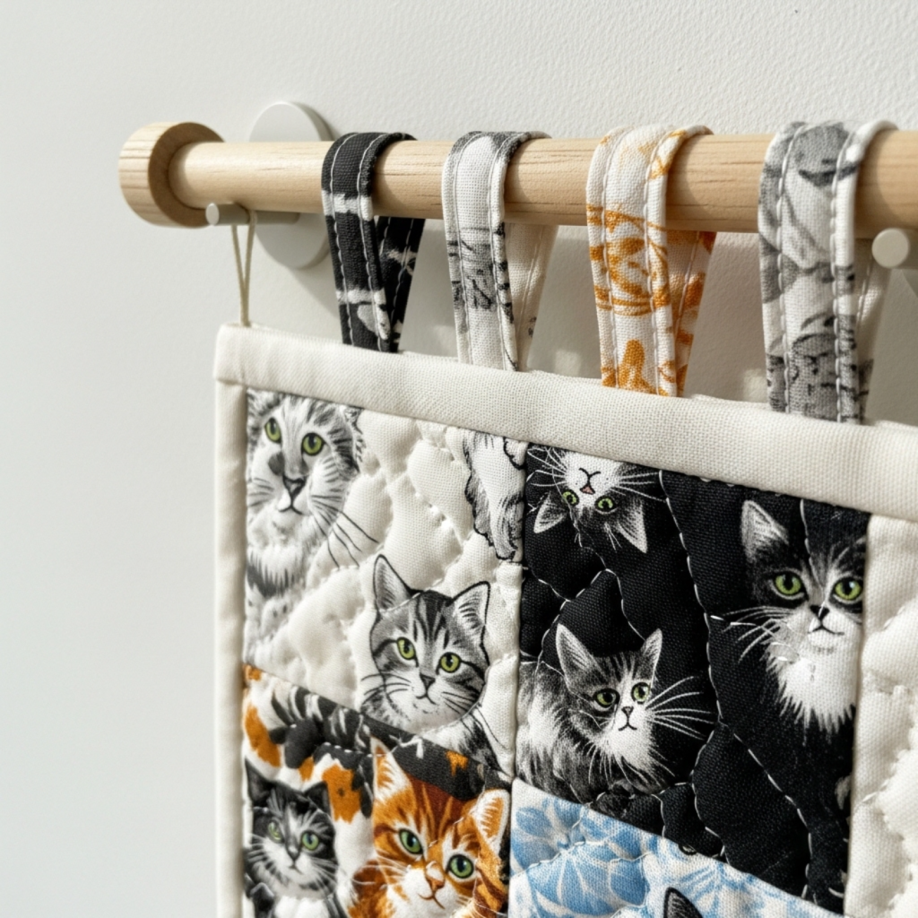 Close-up of a cat mini quilt hanging from a wooden dowel through fabric loops on a wall
