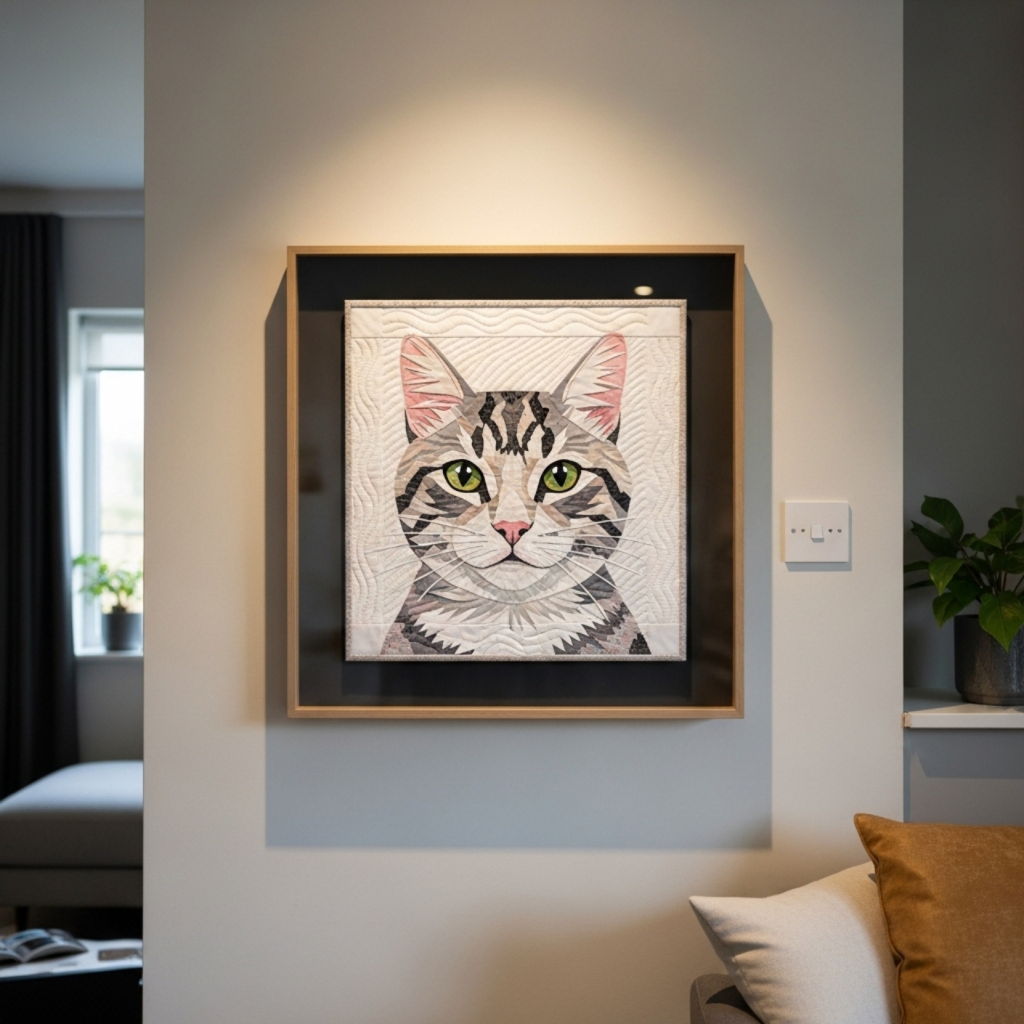A cat mini quilt mounted in a floating shadow box frame displayed as wall art