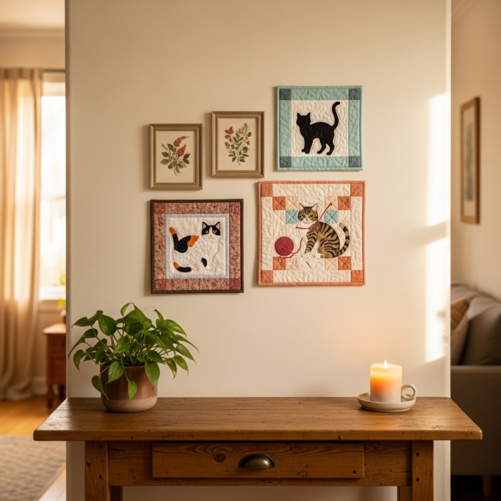 A styled gallery wall with three small cat mini quilts and framed prints above a console table