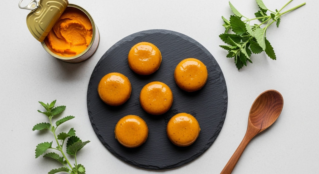 No-bake pumpkin and turkey cat treat balls arranged on a slate plate with fresh catnip