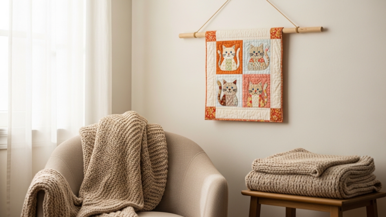 A small cat-themed mini quilt hanging on a wall from a wooden dowel above a cozy reading nook