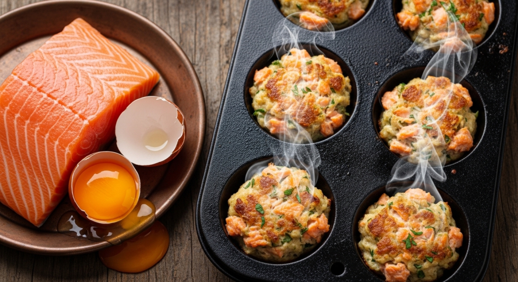 Mini salmon and egg cat birthday cakes in a cast iron mini muffin tin fresh from the oven