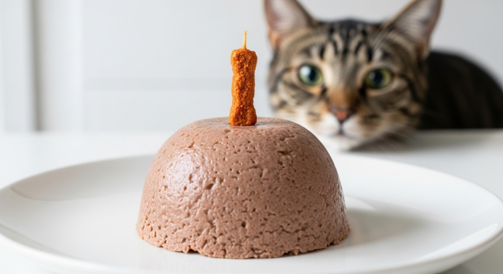 Pate style wet cat food shaped into a round birthday cake on a plate with a freeze-dried chicken candle