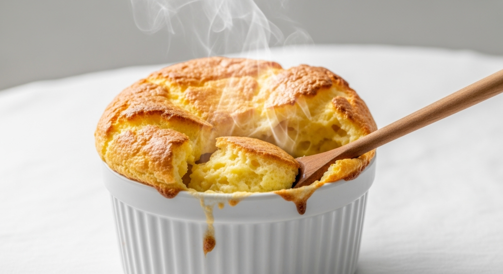 Golden puffed tuna cheese souffle cat cake fresh from the oven in a white ceramic ramekin