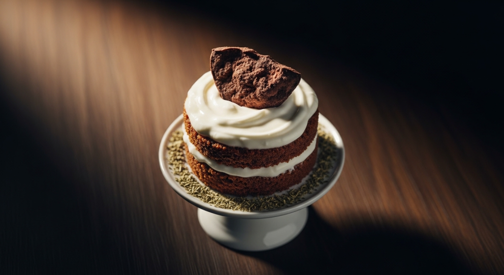 Two-layer chicken liver cat birthday cake with Greek yogurt frosting on a small pedestal cake stand
