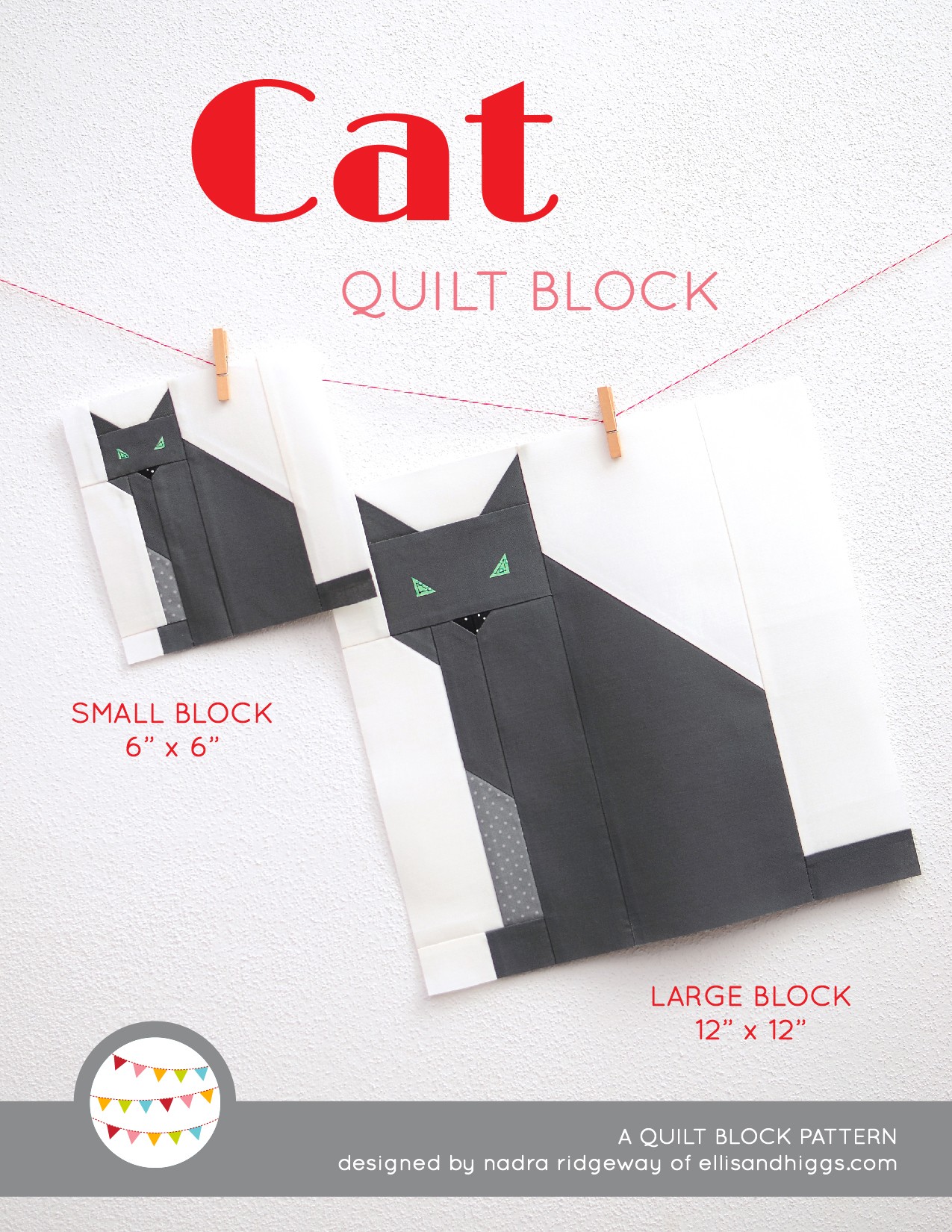 Cat quilt block pattern by Ellis and Higgs in 6 inch and 12 inch grey cat blocks