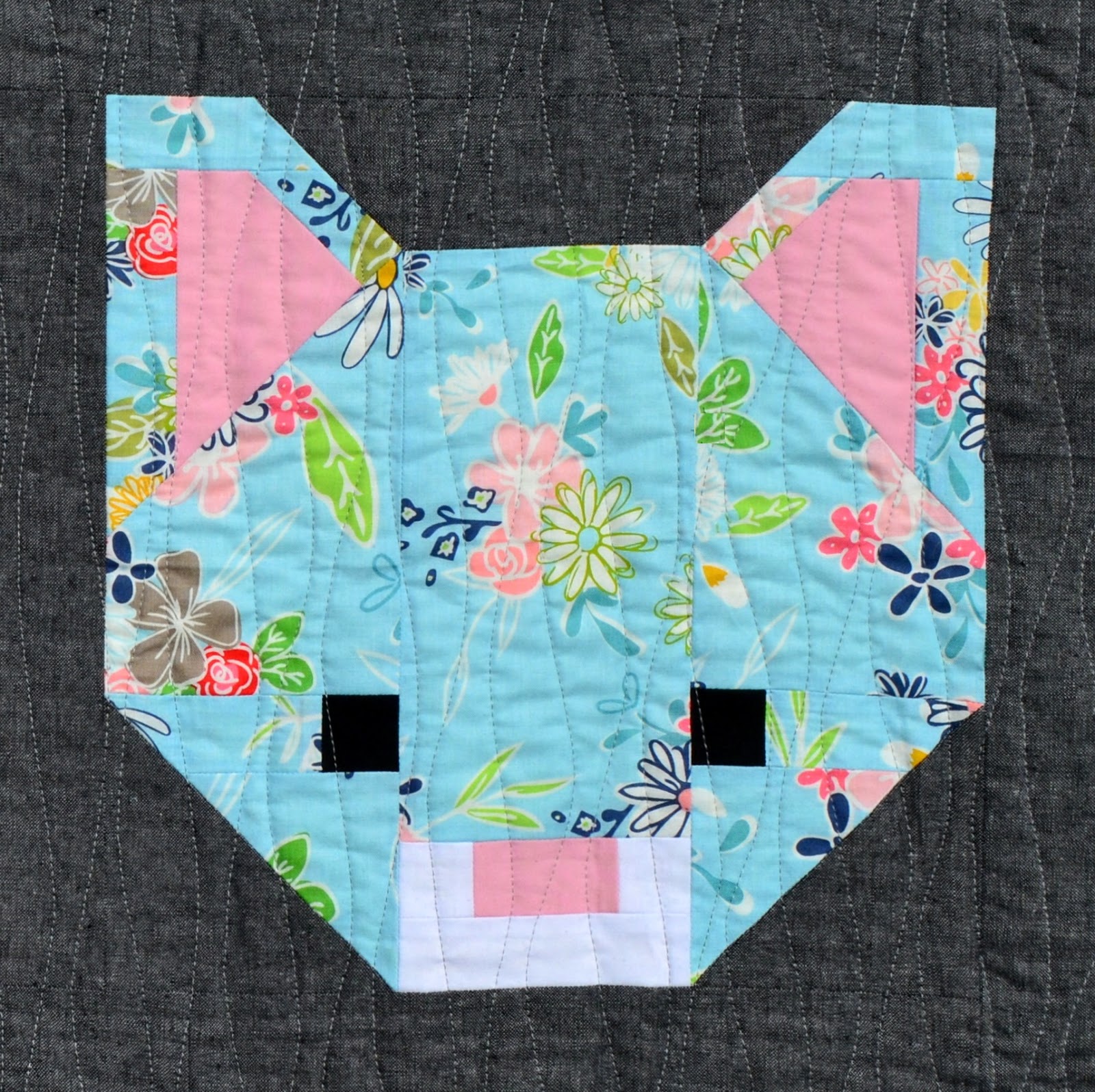 Smitten Kitten patchwork cat block by Sew Fresh Quilts in aqua floral fabric