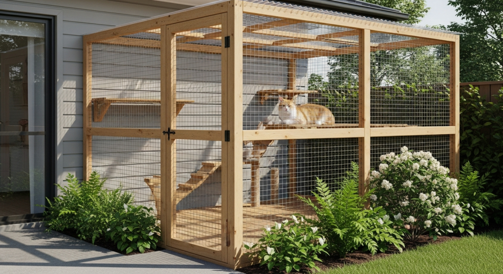Outdoor catio enclosure attached to a house with a cat lounging on a shelf inside