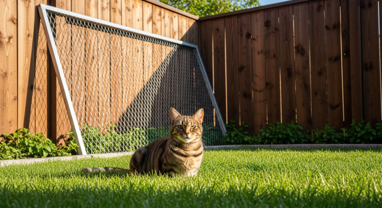 A tabby cat sitting safely inside a backyard next to a tall fence fitted with an angled cat-proof topper