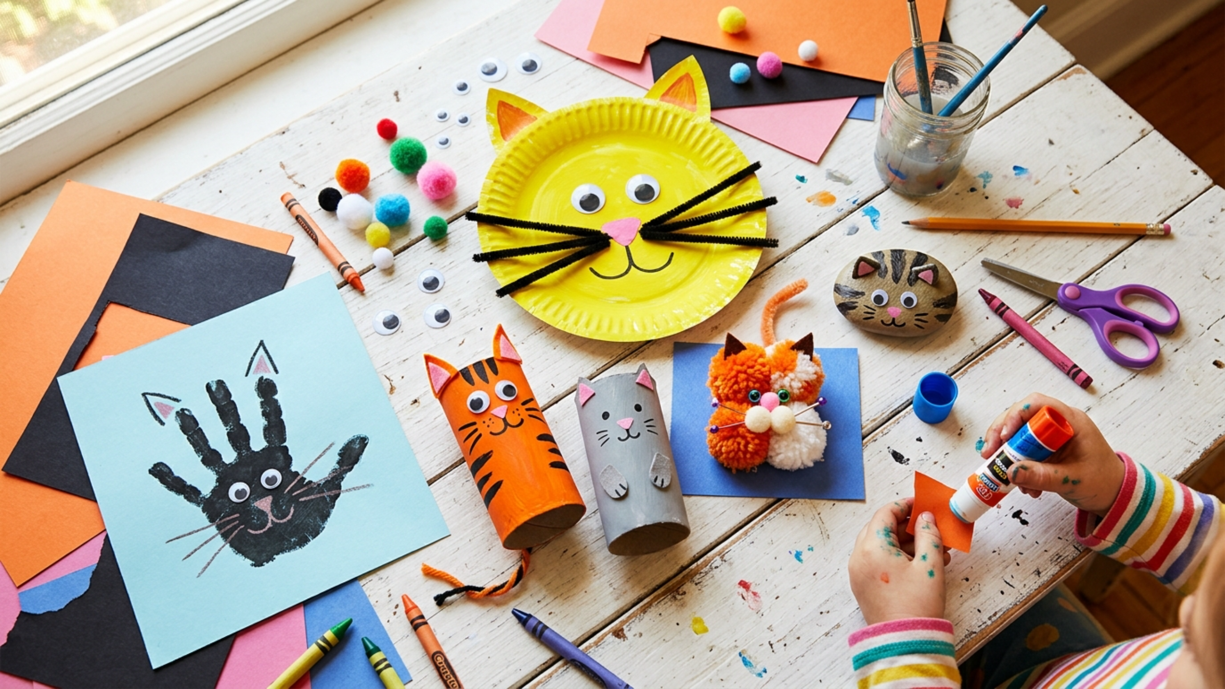 A child's craft table covered with handmade cat crafts for kids, including paper plate cats, toilet roll cats, pom-pom cats, and googly eyes
