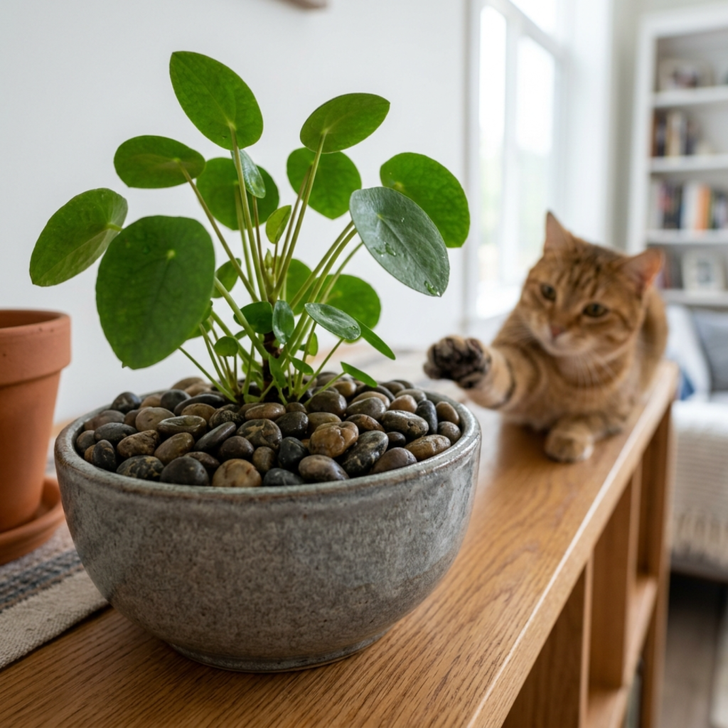 Houseplant with river pebbles covering the soil to stop a cat from digging, a cat-proof deterrent