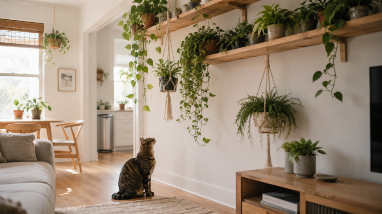 Tabby cat looking up at a cat-proof plant display of houseplants on high wooden wall shelves and hanging planters