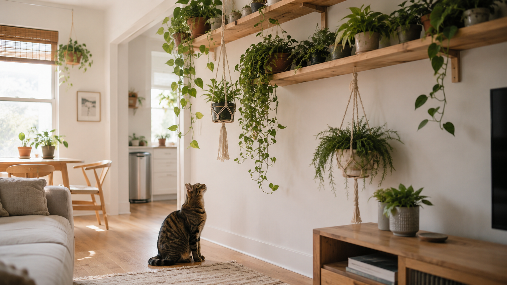 Tabby cat looking up at a cat-proof plant display of houseplants on high wooden wall shelves and hanging planters
