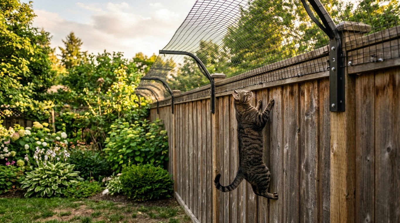 Wooden fence with an inward-angled mesh overhang and a tabby cat climbing up toward it
