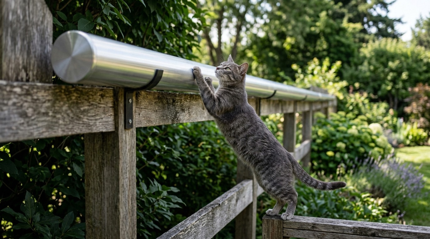 Aluminum cat-proof roller bar mounted on a wooden fence with a gray cat reaching up at it