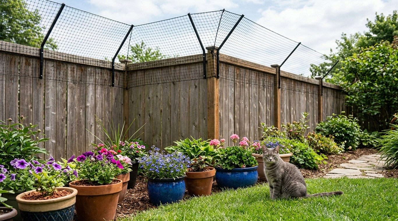 Wooden fence topped with inward-angled cat netting and a gray cat sitting among potted flowers