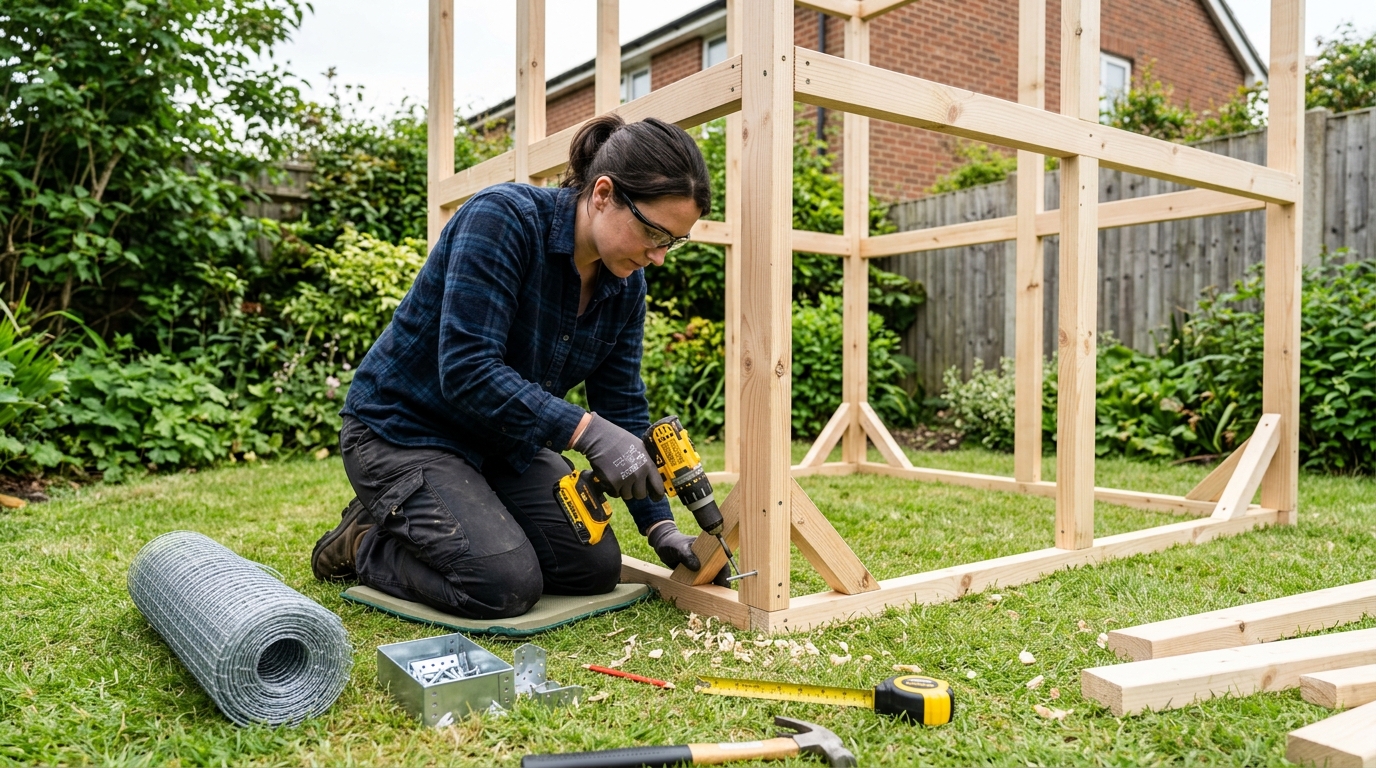 Person building a wooden catio frame with a cordless drill in a backyard