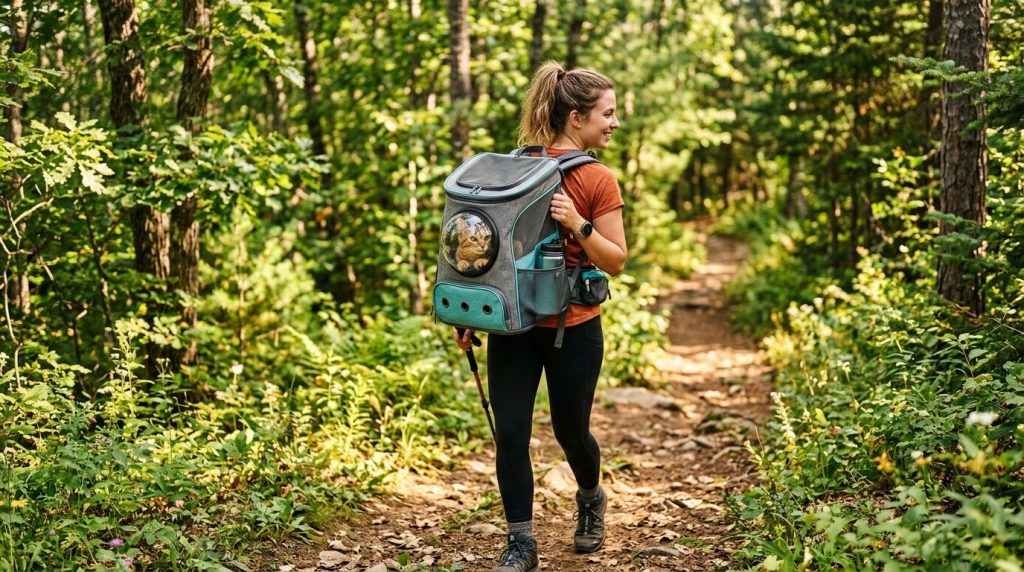 A hiker on a forest trail wearing a bubble-window cat backpack carrier with a cat inside