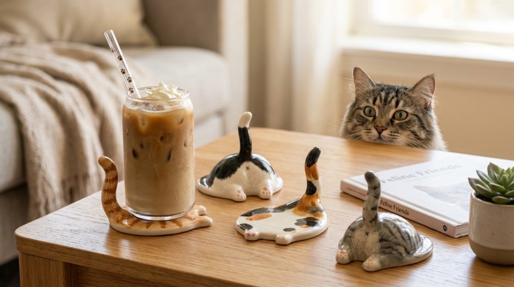 Ceramic cat-butt coasters on a coffee table with an iced coffee and a curious cat
