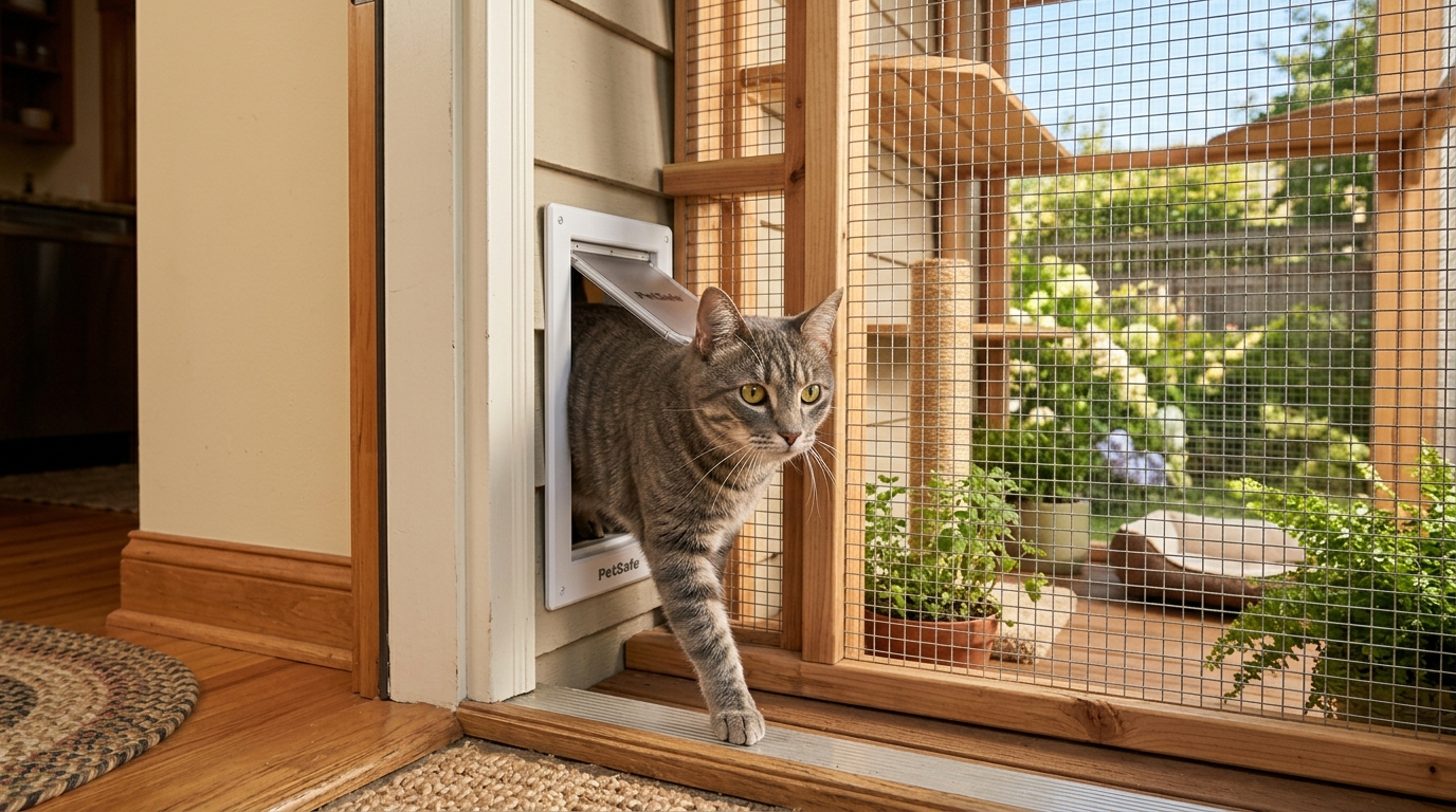 Gray cat stepping through a pet door into an outdoor mesh catio