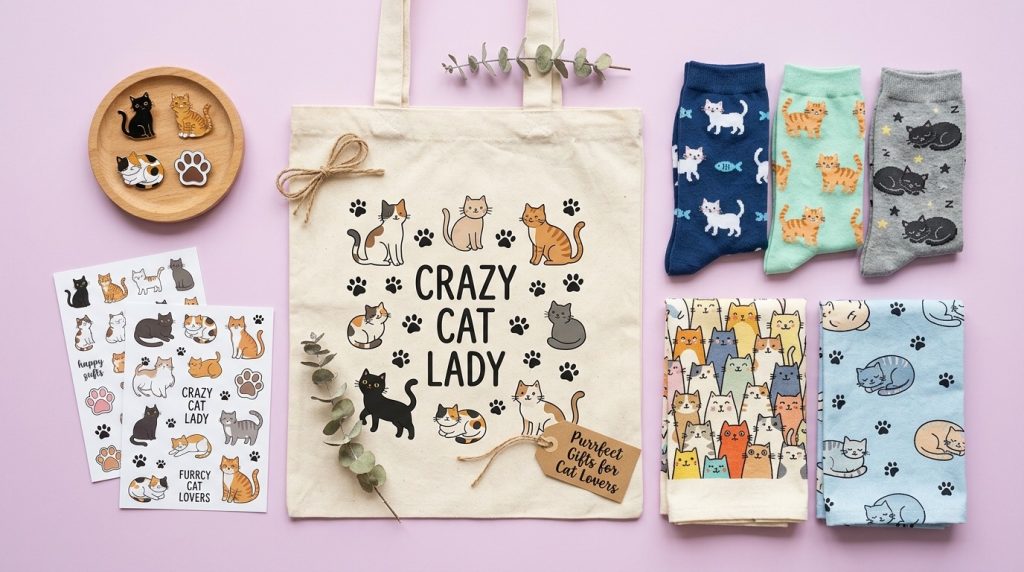 A flatlay of affordable cat-themed gifts including socks, enamel pins, a tote bag and dish towels