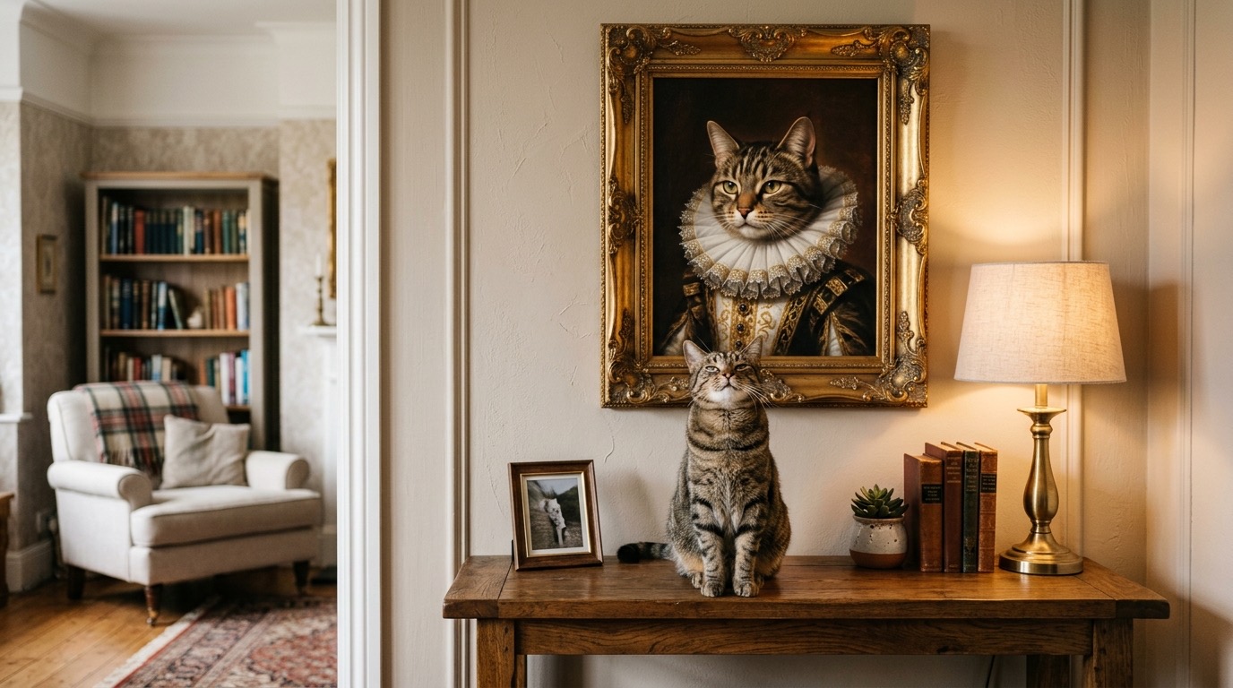 An ornate framed Renaissance-style cat portrait hanging above a tabby cat