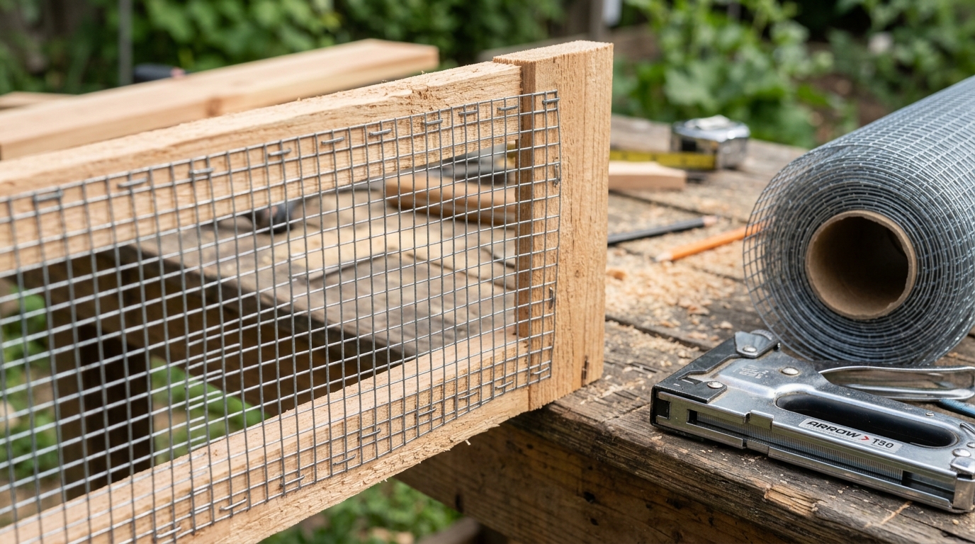 Galvanized wire mesh hardware cloth stapled to a cedar catio frame