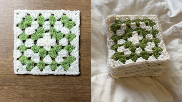 Green and white crochet granny squares, one flat and a stack of eight