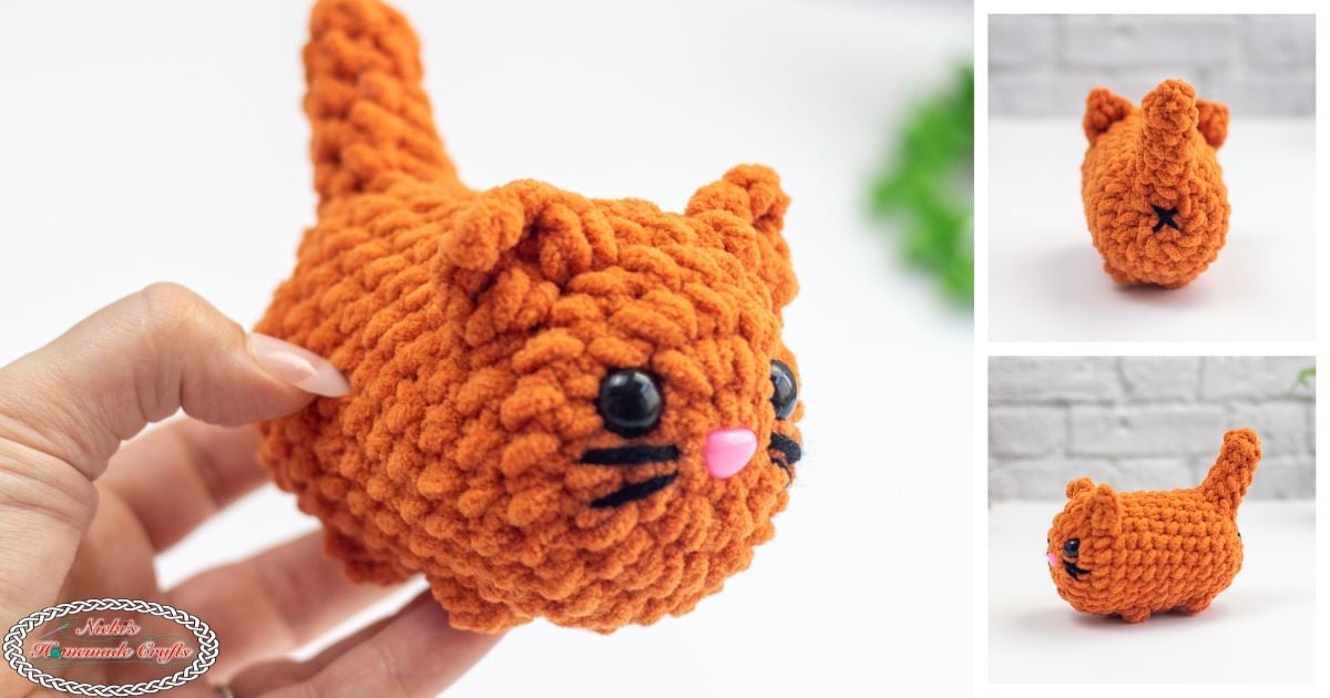 Orange chenille crochet loaf cat shown from three angles