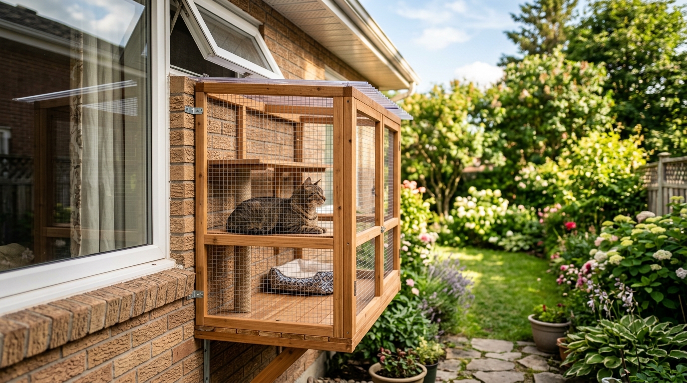 DIY window-box catio attached to a house with a tabby cat resting inside
