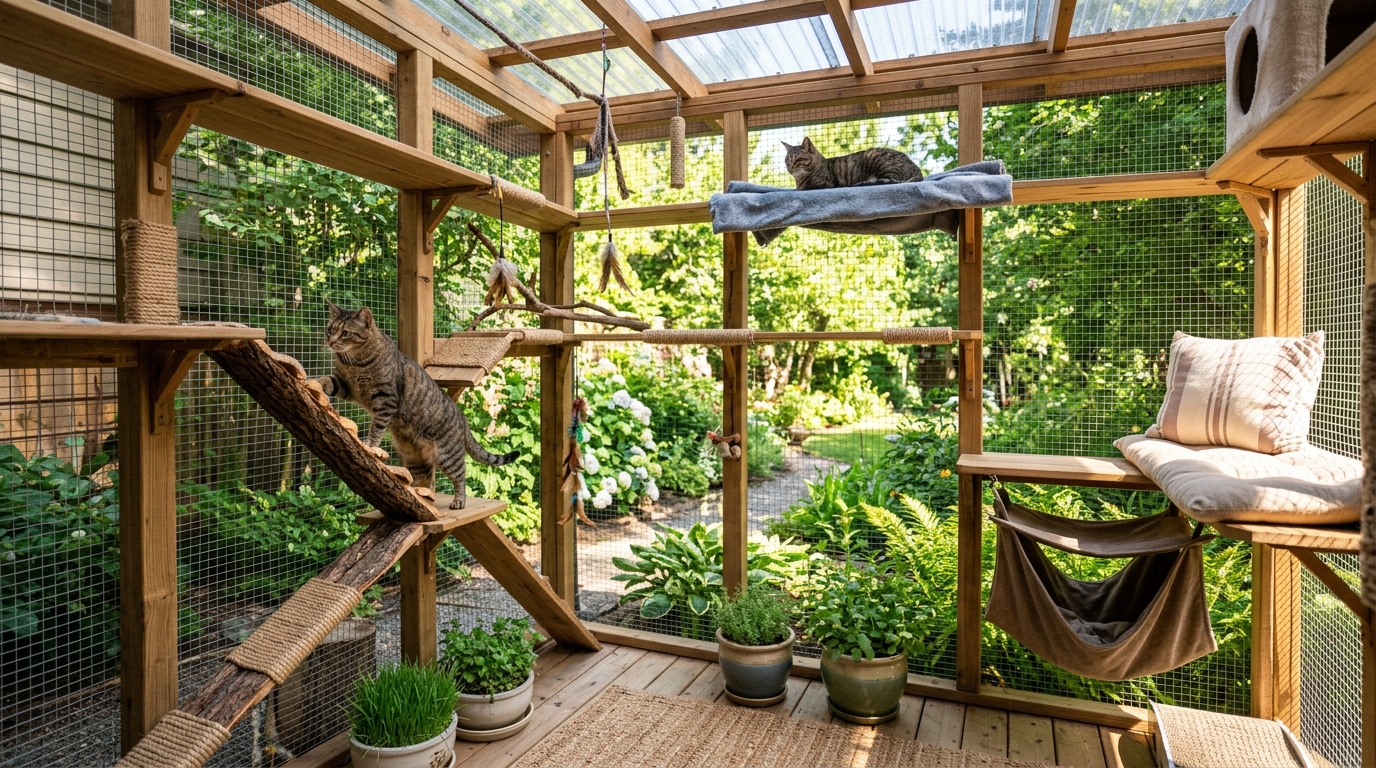 Furnished walk-in catio with wooden shelves, ramps, plants, and two cats