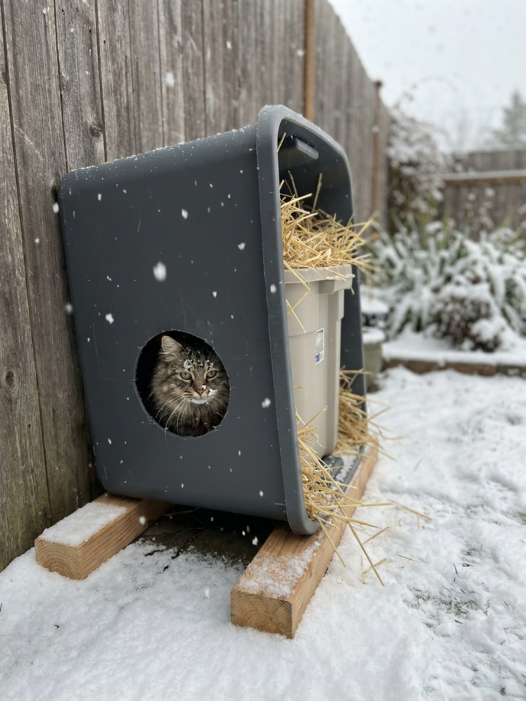 DIY double storage tote outdoor cat shelter insulated with straw, a tabby cat peeking out of the entrance in a snowy backyard