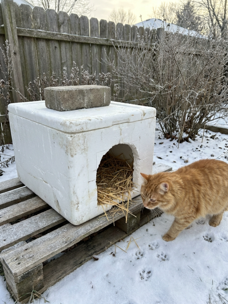 Styrofoam cooler turned into an insulated outdoor cat shelter lined with straw, with a ginger cat beside it in the snow