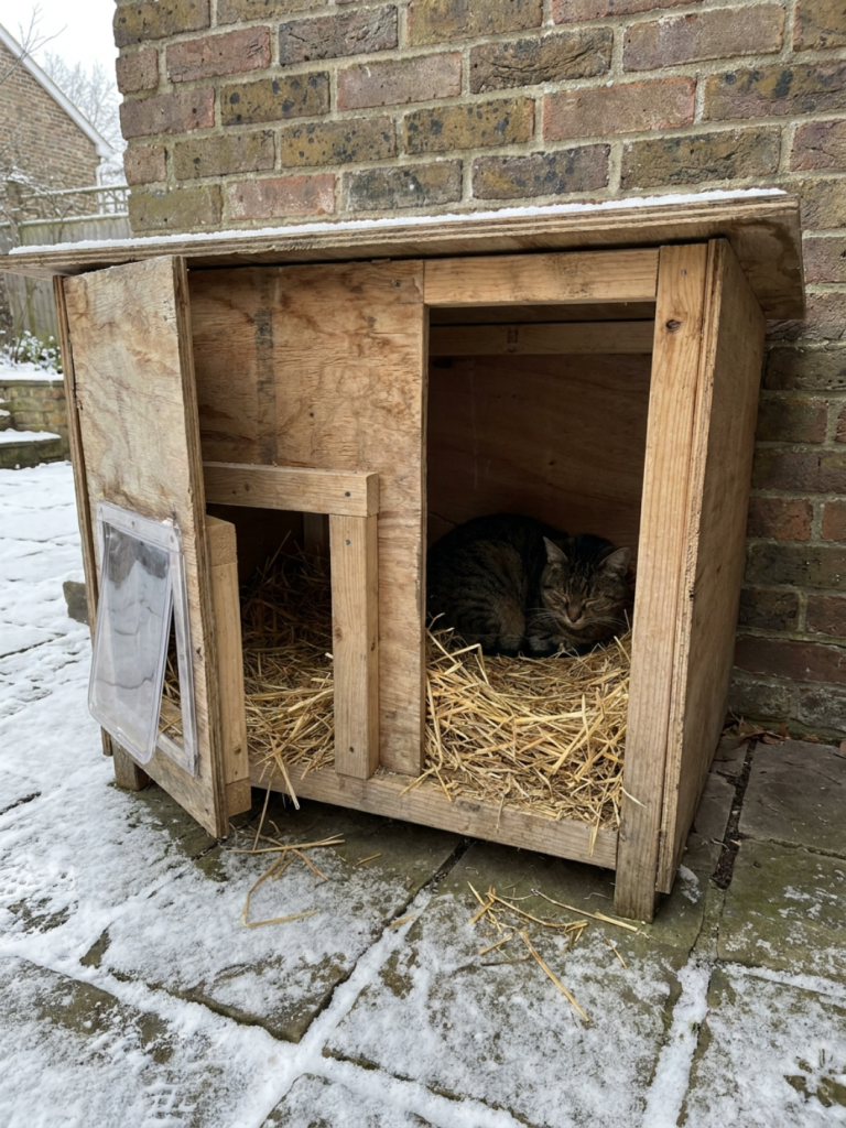 Two-room wooden feral cat winter shelter showing the straw-filled sleeping chamber with a cat curled up inside