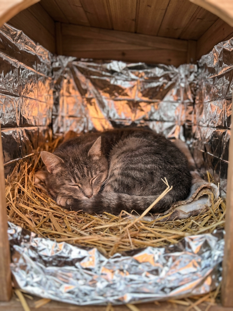 Interior of an outdoor cat shelter lined with reflective Mylar blanket and straw with a grey cat curled up warm