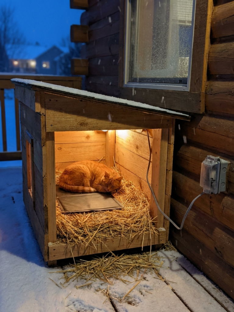 Heated outdoor cat house with a weatherproof heated pad under straw and an orange tabby resting inside at dusk