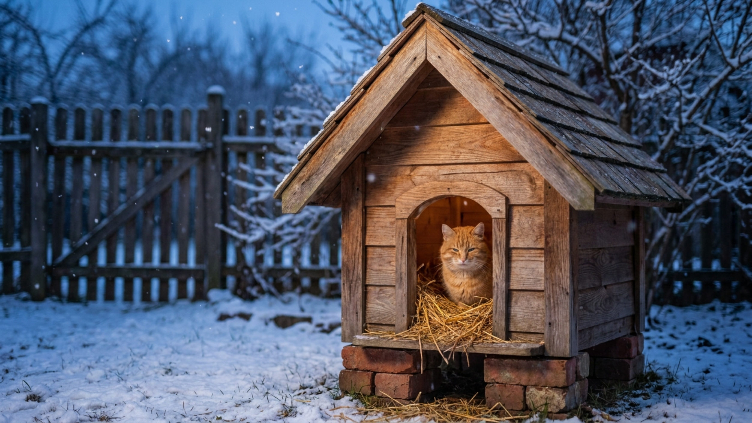 Cozy DIY outdoor cat winter shelter in a snowy backyard with a fluffy tabby cat sitting in the doorway