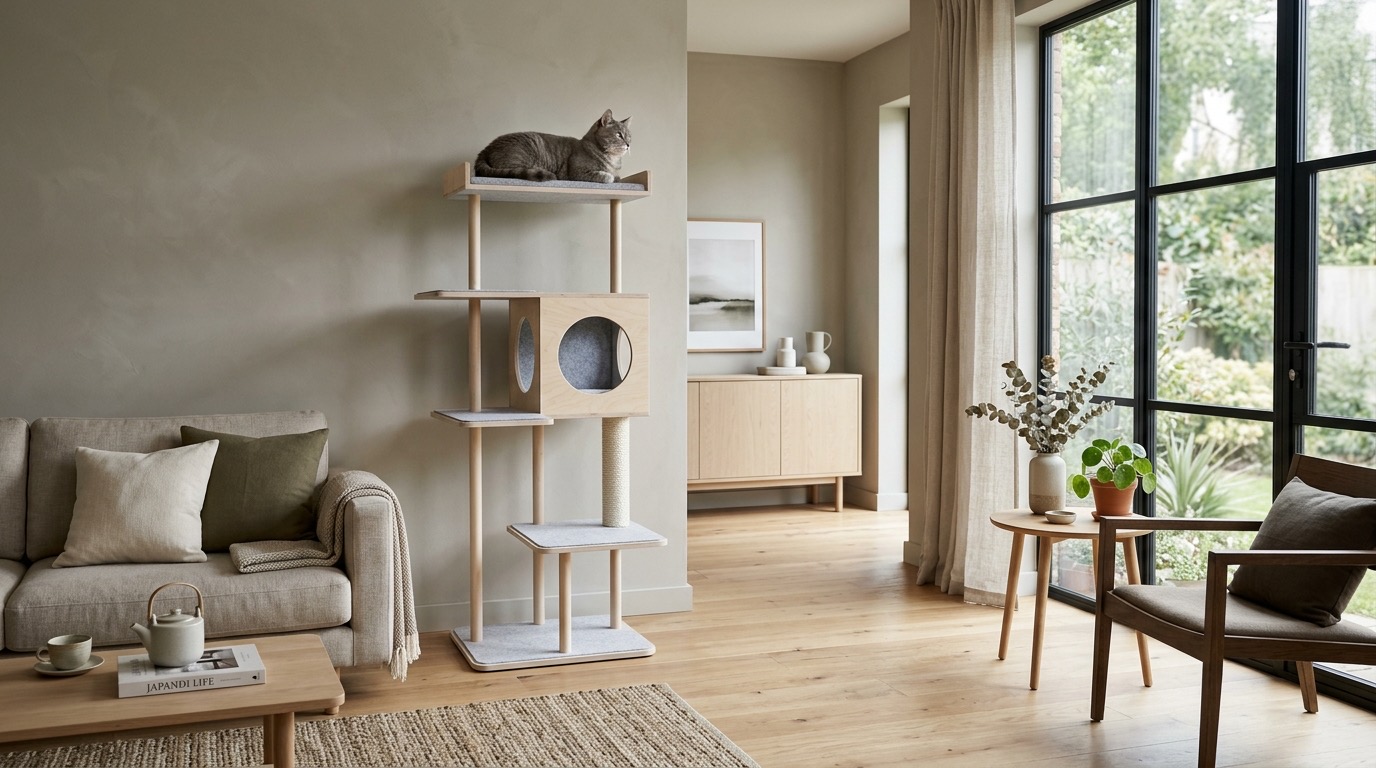 A modern minimalist wooden cat tree with a cat lounging in a Japandi living room