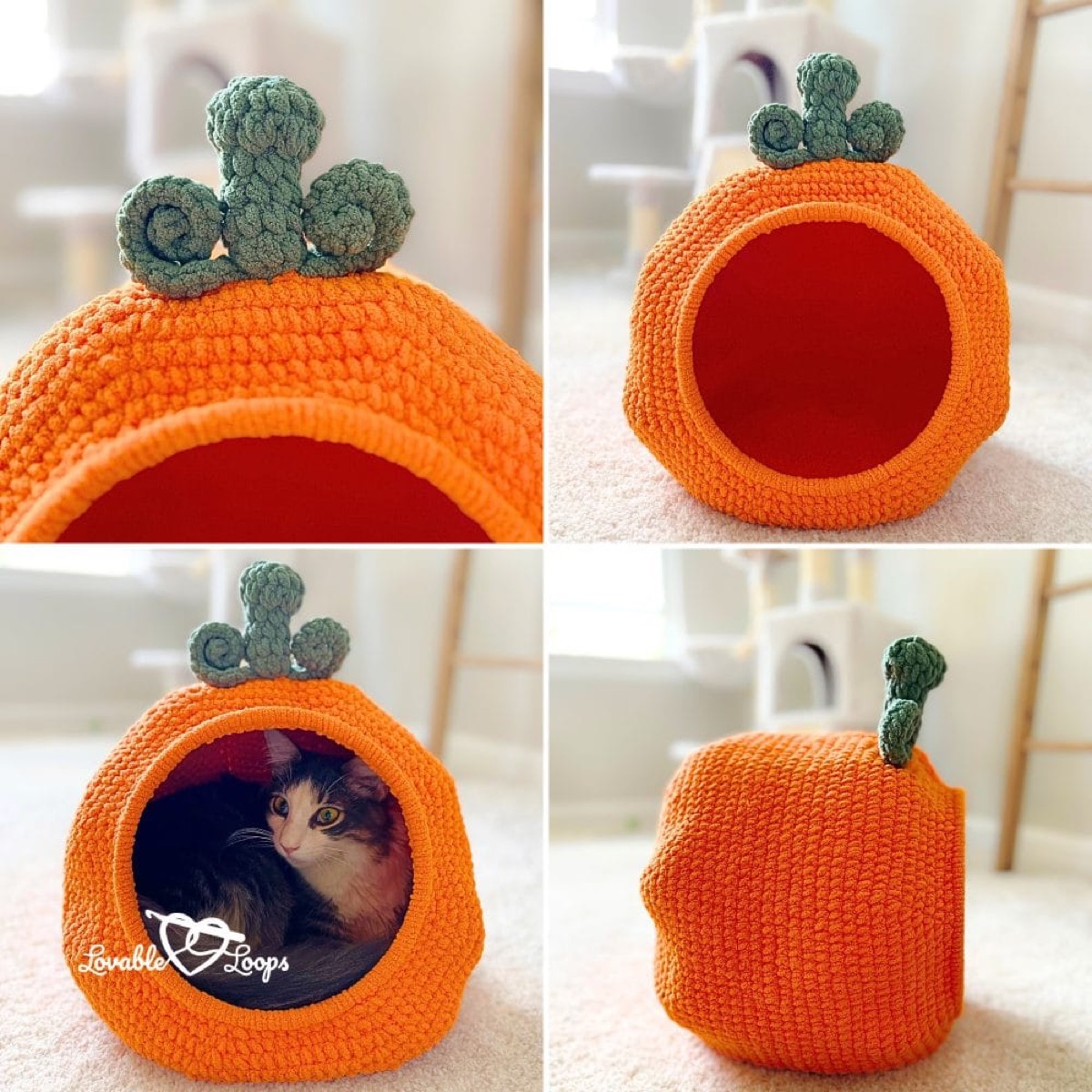 Orange crochet pumpkin cat bed shown from four angles with a cat inside